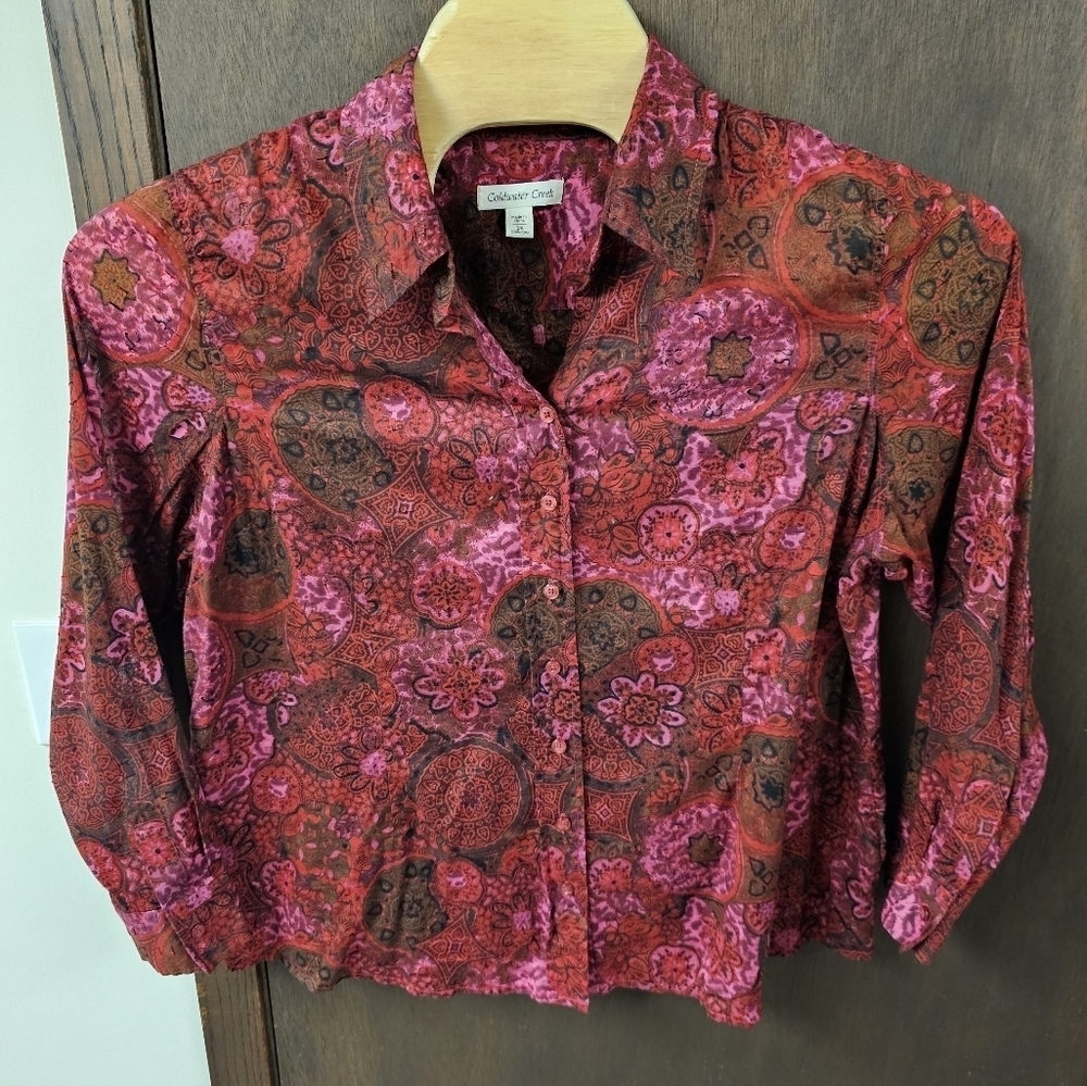 Plus Size Vintage Coldwater Creek boho sheer paisley Button Down Shirt Red 2X - Picture 2 of 8